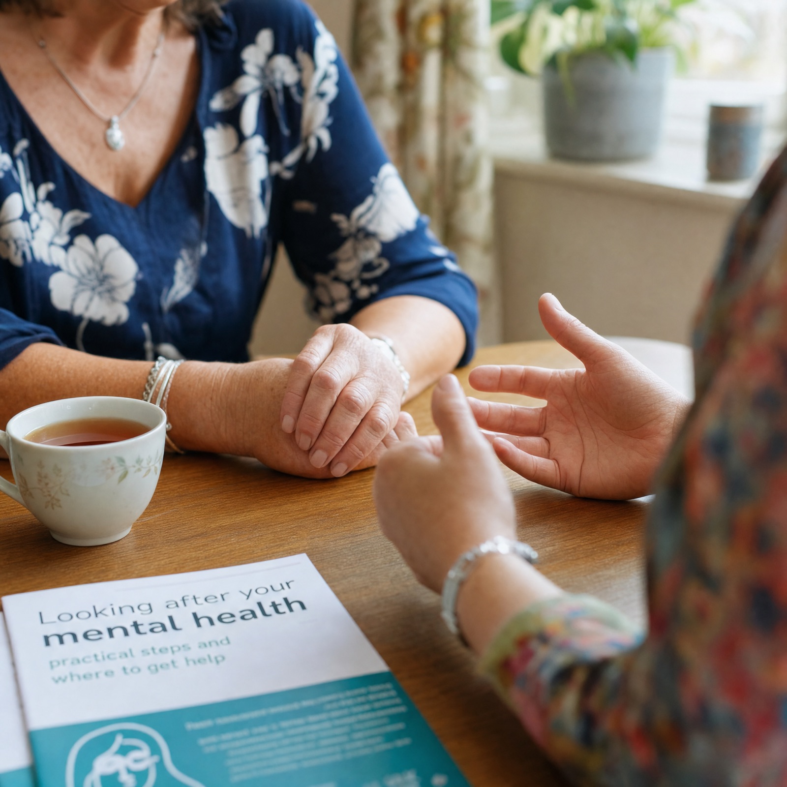 Weathered hands on a farmhouse table beside a blood pressure monitor and a mug of tea