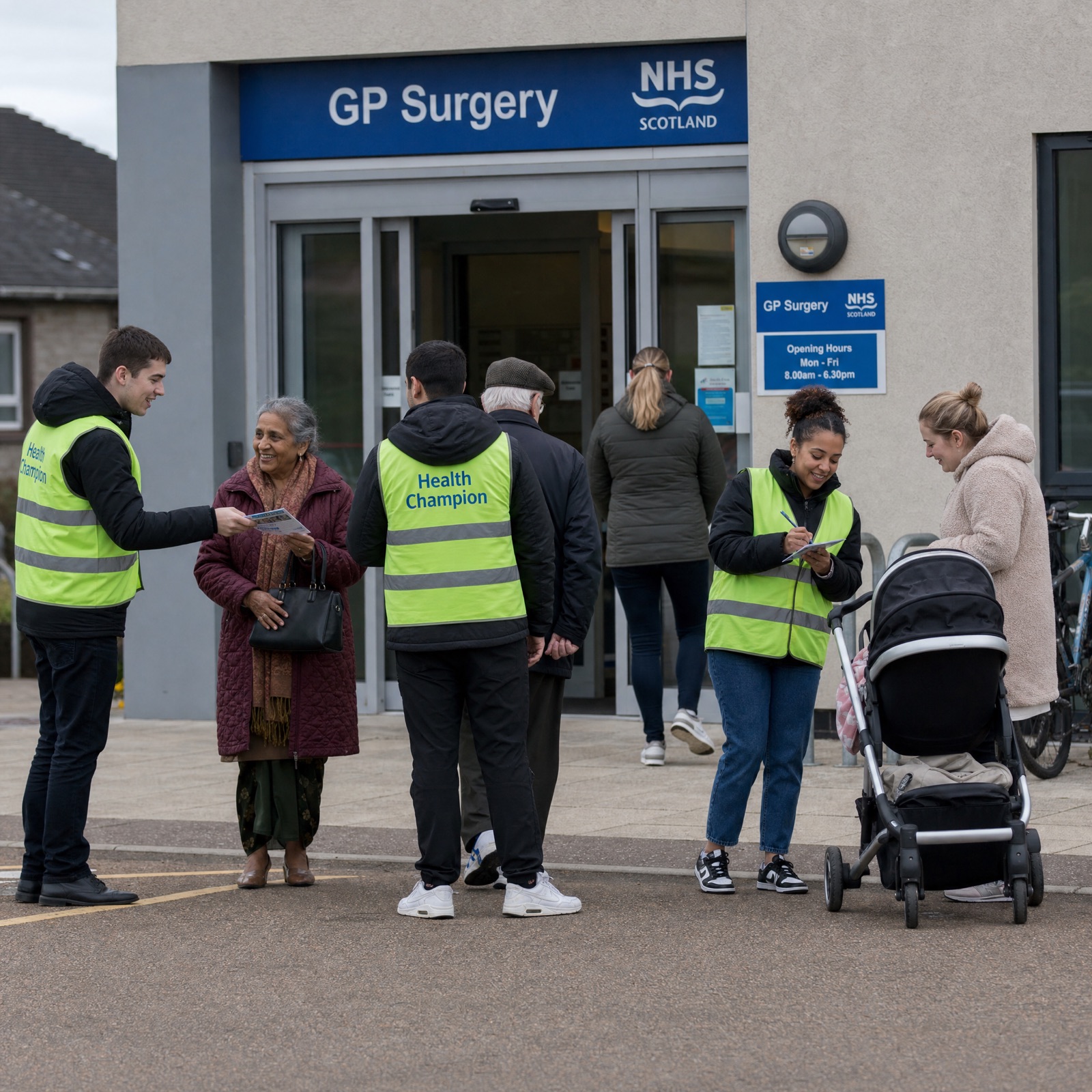 Volunteers gathered outside a community hall